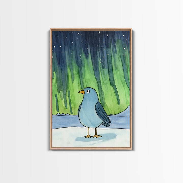 Whimsical Blue Bird Aurora Wall Art, Northern Lights Winter Decor, Nursery Animal Print, Kids Room Art, Celestial Poster