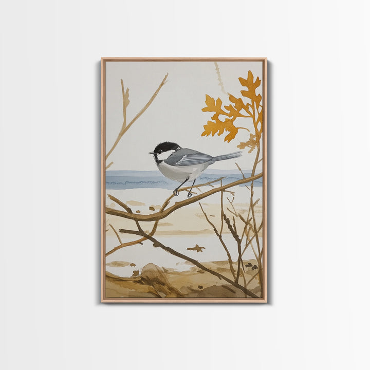 Coastal Chickadee On Driftwood Branch Wall Art, Beach House Decor, Nautical Nature Print, Bird Art Print, Serene Seaside Decor