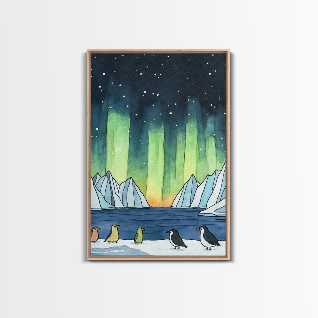 Penguins Under Northern Lights Canvas Print, Aurora Borealis Wall Decor, Arctic Animal Art, Kids Room Decor, Whimsical Nursery Art