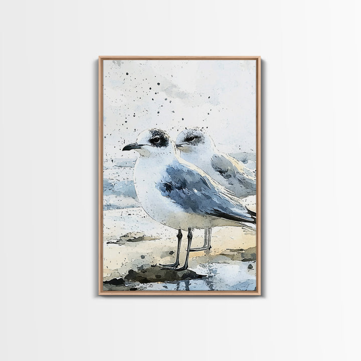 Two Seagulls On Sandy Beach Framed Canvas Print, Coastal Wall Art, Ocean Decor, Nautical Art Print, Beach House Decor Gift