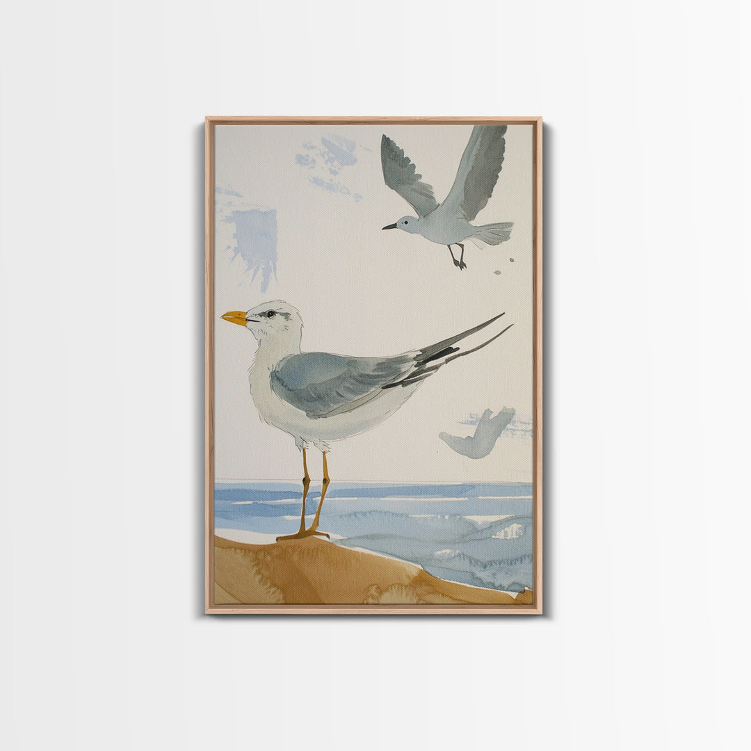 Minimal Seagulls Above Ocean Dune Canvas Print, Coastal Wall Art, Beach House Decor, Nautical Bird Print, Serene Bathroom Decor