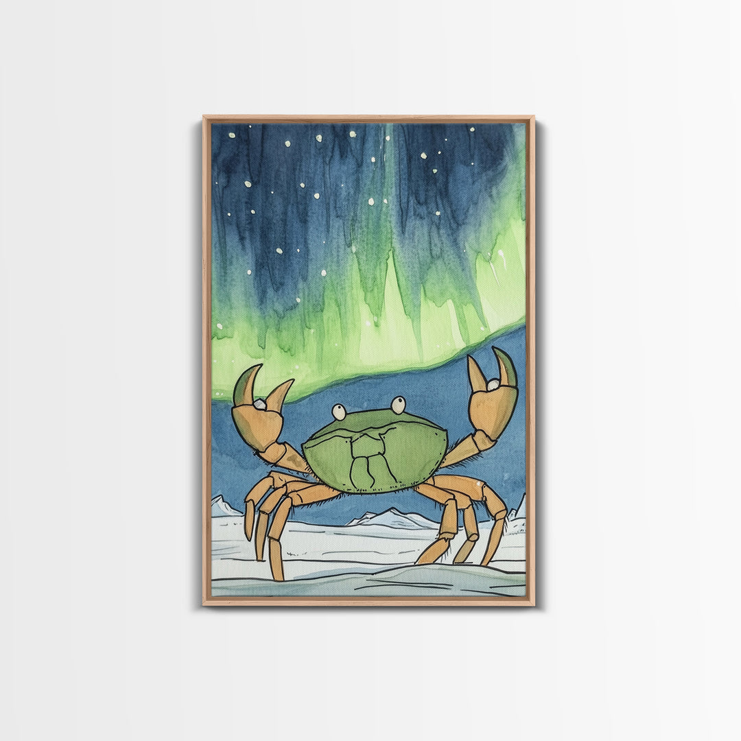 Whimsical Crab Under Northern Lights Wall Art, Coastal Animal Print, Ocean Nursery Decor, Kids Room Decor, Playful Beach House Art
