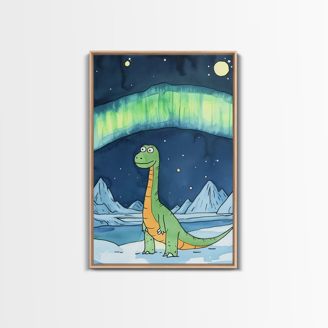 Cute Green Dinosaur Under Northern Lights Wall Art, Whimsical Nursery Decor, Kids Room Art, Arctic Adventure Canvas Print