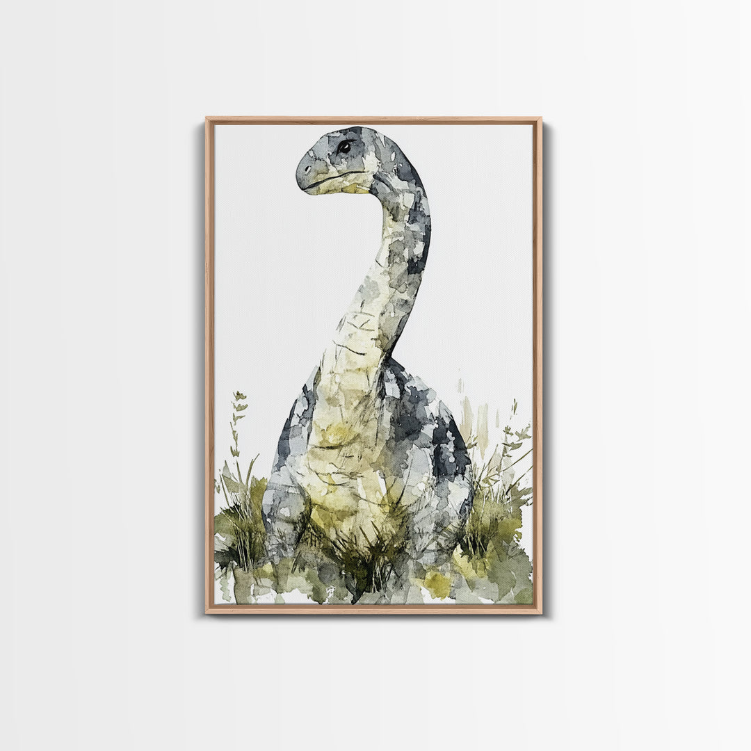 Gentle Long Neck Dinosaur Watercolor Wall Art, Neutral Nursery Decor, Animal Art Print, Kids Room Canvas Print, Baby Gift