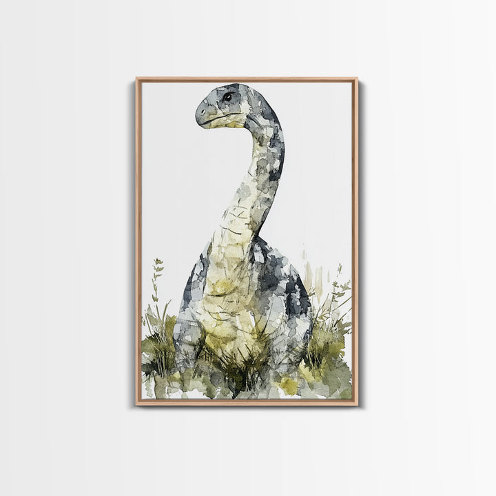 Gentle Long Neck Dinosaur Watercolor Wall Art, Neutral Nursery Decor, Animal Art Print, Kids Room Canvas Print, Baby Gift