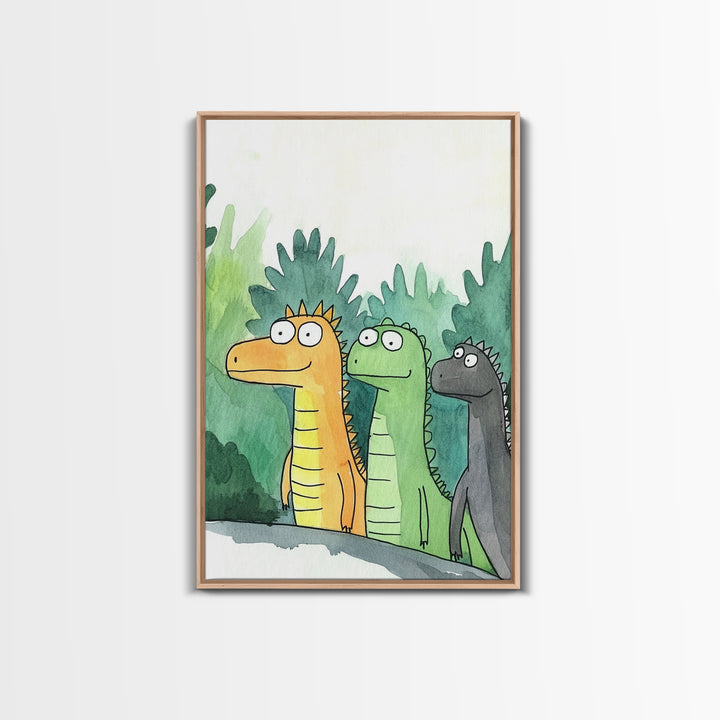 Three Cute Dinosaurs In Green Jungle Wall Art, Whimsical Animal Nursery Decor, Kids Room Art Print, Colorful Canvas Print
