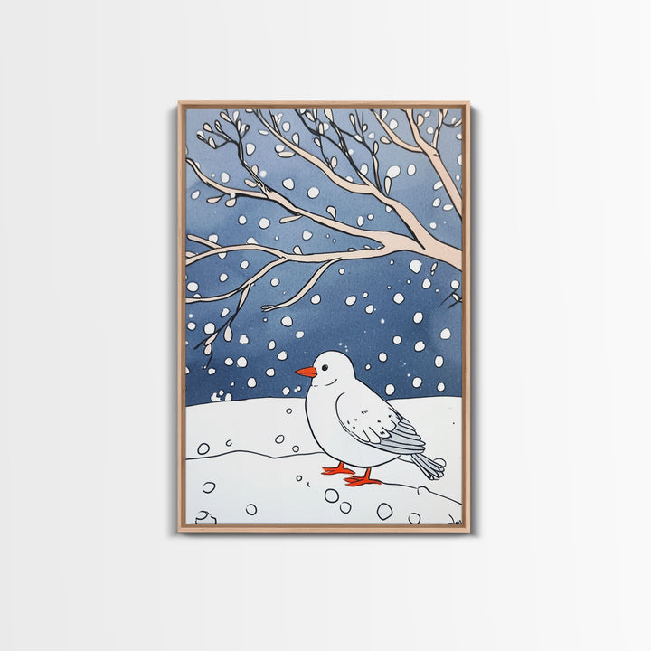 White Snow Bird Under Winter Branches Wall Art, Cozy Nature Decor, Minimalist Bird Art Print, Scandinavian Decor Canvas Print