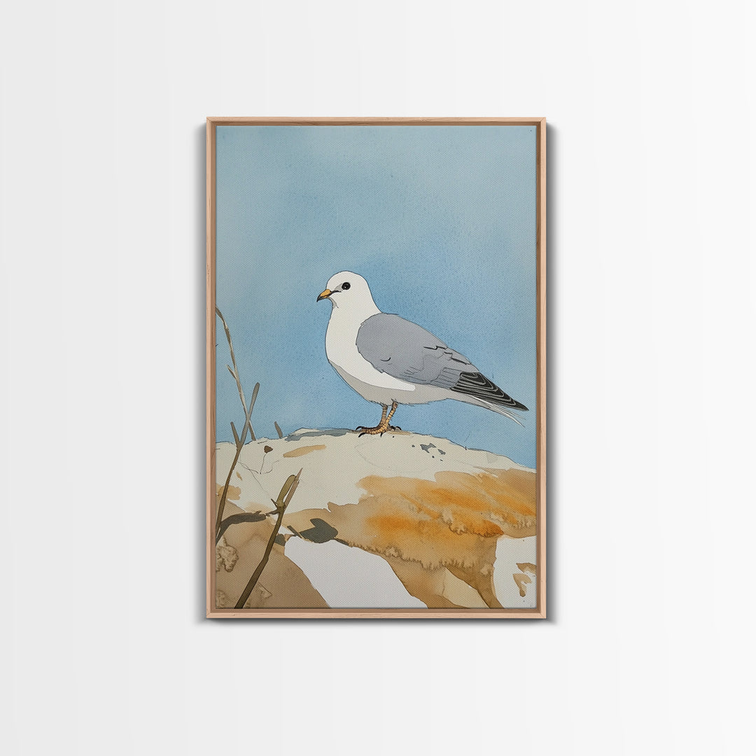 Coastal Seagull On Sunlit Rock Wall Art, Beach House Decor, Living Room Decor, Ocean Bird Art Print, Nautical Framed Canvas Print