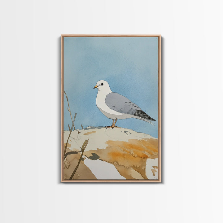 Coastal Seagull On Sunlit Rock Wall Art, Beach House Decor, Living Room Decor, Ocean Bird Art Print, Nautical Framed Canvas Print