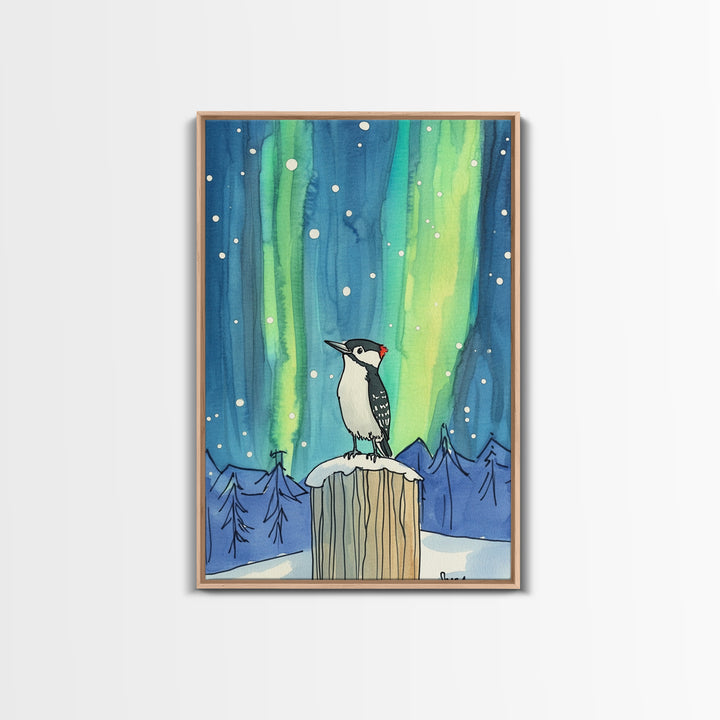 Woodpecker Under Aurora Snowy Forest Wall Art, Northern Lights Bird Art Print, Winter Nature Decor, Cozy Cabin Decor Canvas Print