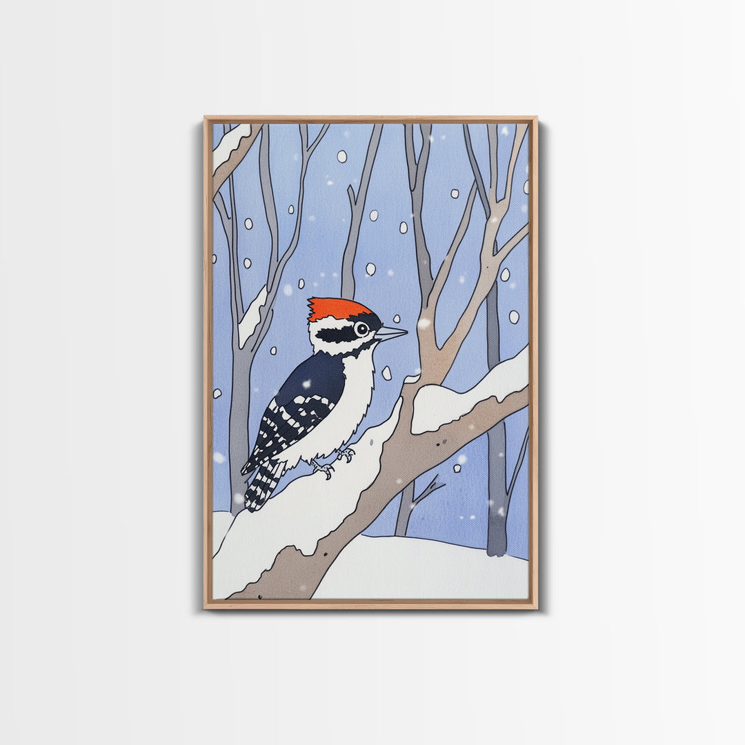 Red Capped Woodpecker In Snowy Winter Forest Wall Art, Woodland Bird Print, Nursery Decor, Rustic Cabin Decor, Nature Gift