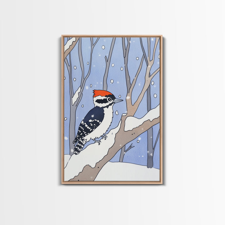 Red Capped Woodpecker In Snowy Winter Forest Wall Art, Woodland Bird Print, Nursery Decor, Rustic Cabin Decor, Nature Gift