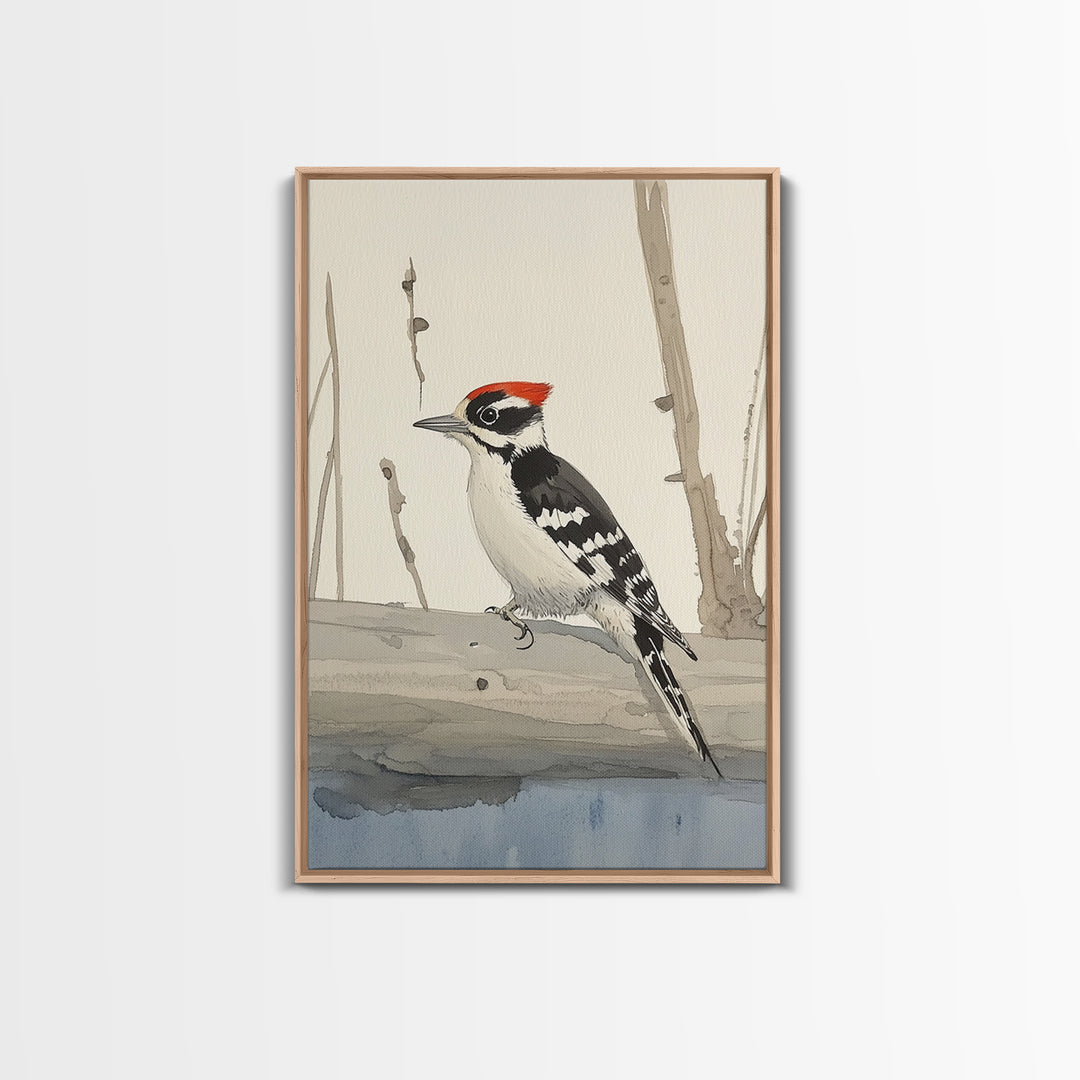 Red Crown Woodpecker On Winter Log Wall Art, Minimalist Bird Print, Woodland Nursery Decor, Rustic Nature Art, Cabin Decor