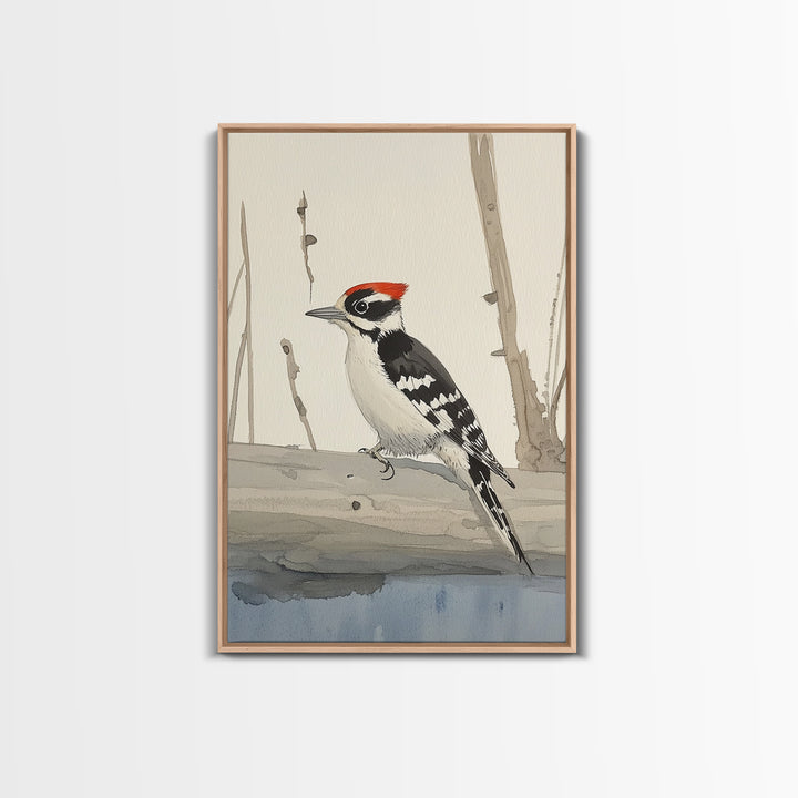 Red Crown Woodpecker On Winter Log Wall Art, Minimalist Bird Print, Woodland Nursery Decor, Rustic Nature Art, Cabin Decor