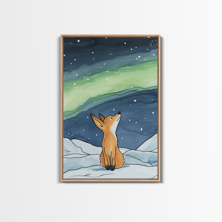 Fox Watching Northern Lights In Snow Canvas Print, Aurora Borealis Wall Art, Woodland Nursery Decor, Winter Cabin Decor, Gift