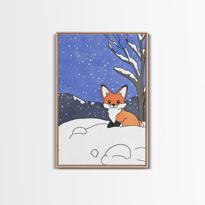 Cute Fox In Snowy Mountain Night Wall Art, Woodland Animal Print, Winter Nursery Decor, Cabin Wall Decor, Whimsical Art Print