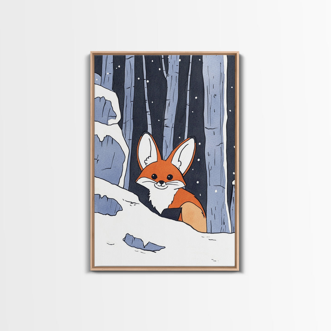 Fox Peeking From Snowy Forest Canvas Print, Woodland Animal Wall Art, Whimsical Nursery Decor, Winter Cabin Decor, Fox Art