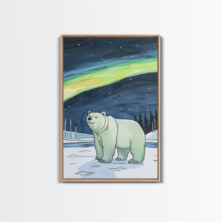 Polar Bear Under Northern Lights Wall Art, Arctic Wildlife Canvas Print, Winter Nature Decor, Nursery Gift For Kids Room