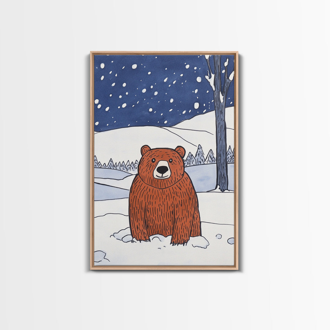 Brown Bear In Snowy Forest Wall Art, Woodland Animal Canvas Print, Rustic Nursery Decor, Winter Wildlife Gift For Kids Room Decor