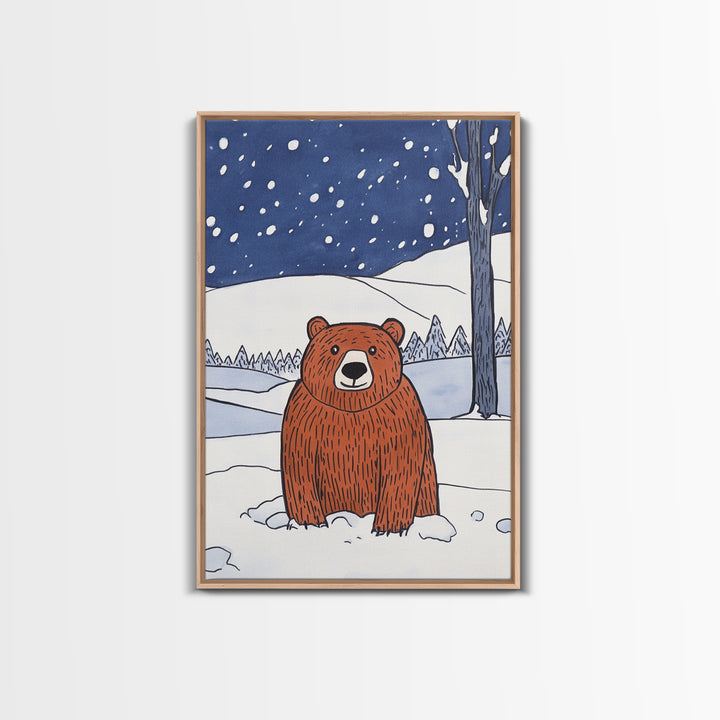 Brown Bear In Snowy Forest Wall Art, Woodland Animal Canvas Print, Rustic Nursery Decor, Winter Wildlife Gift For Kids Room Decor
