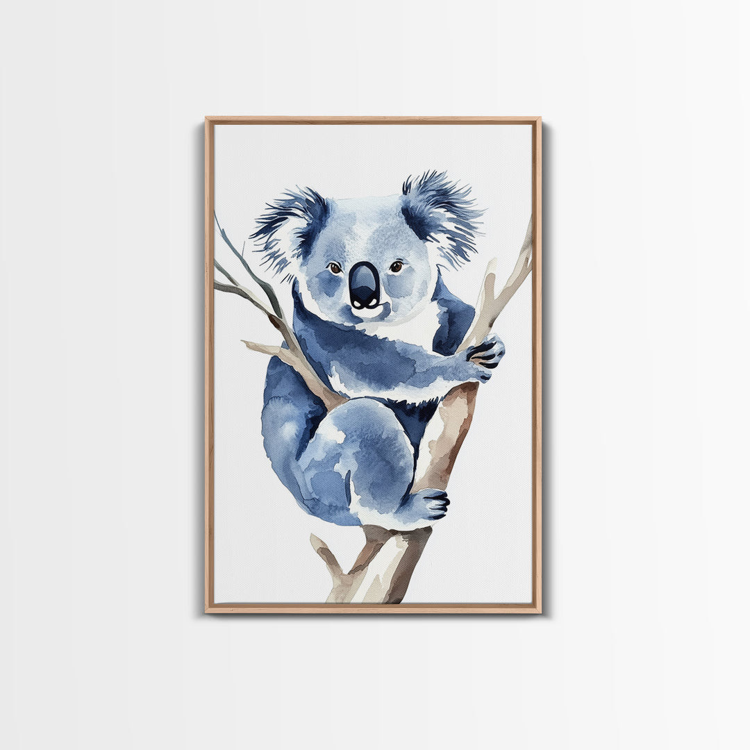 Blue Koala Climbing Eucalyptus Canvas Print, Watercolor Animal Wall Art, Nursery Decor, Kids Room Art, Wildlife Art Print