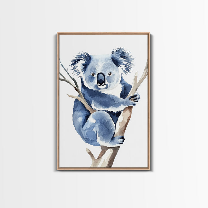 Blue Koala Climbing Eucalyptus Canvas Print, Watercolor Animal Wall Art, Nursery Decor, Kids Room Art, Wildlife Art Print