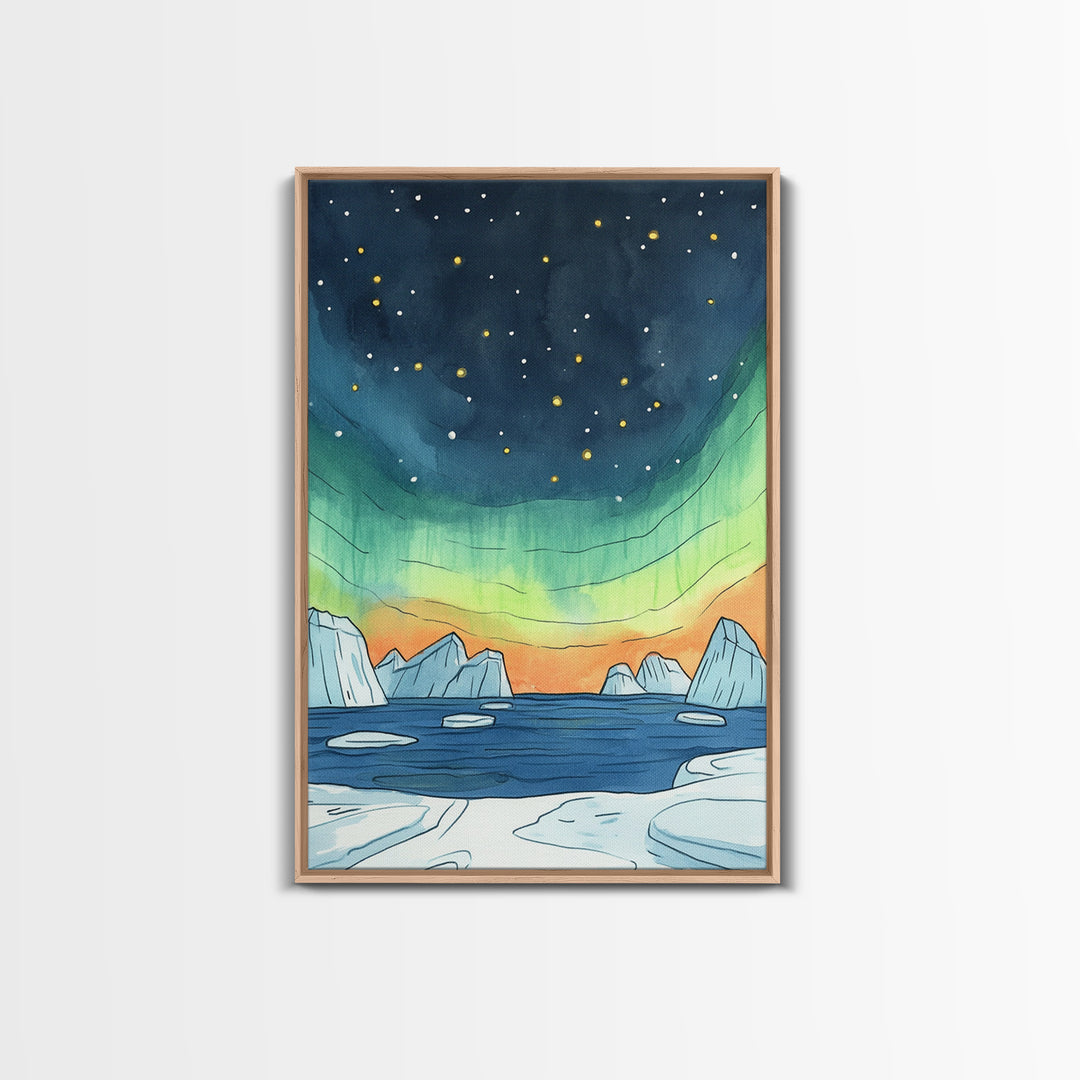 Northern Lights Over Icebergs Canvas Print, Arctic Ocean Wall Art, Aurora Seascape Decor, Coastal Landscape Gift For Her