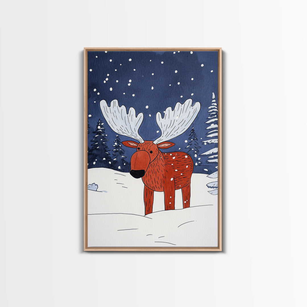 Red Whimsical Moose In Snowy Forest Canvas Print, Cute Animal Wall Art For Kids Room Decor And Nordic Winter Decor Gift Print