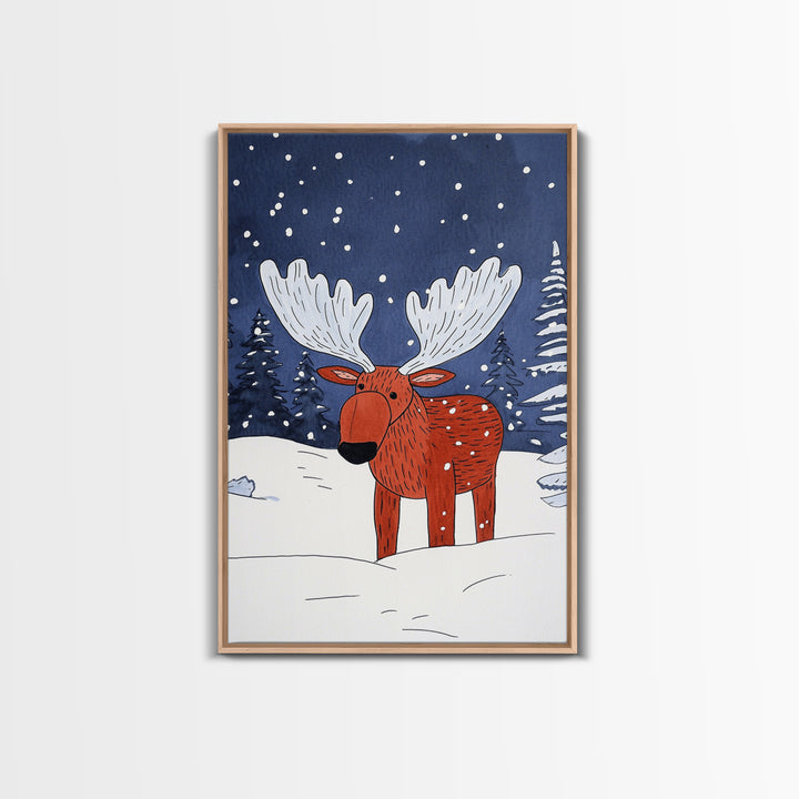 Red Whimsical Moose In Snowy Forest Canvas Print, Cute Animal Wall Art For Kids Room Decor And Nordic Winter Decor Gift Print