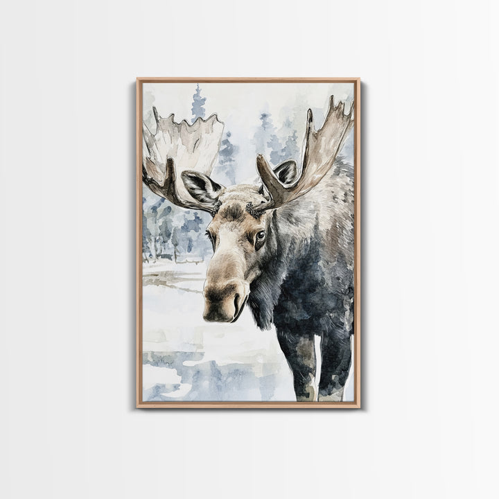 Realistic Moose Portrait In Snowy Pines Framed Canvas Print, Wildlife Wall Art For Rustic Cabin Decor And Nature Lover Gift