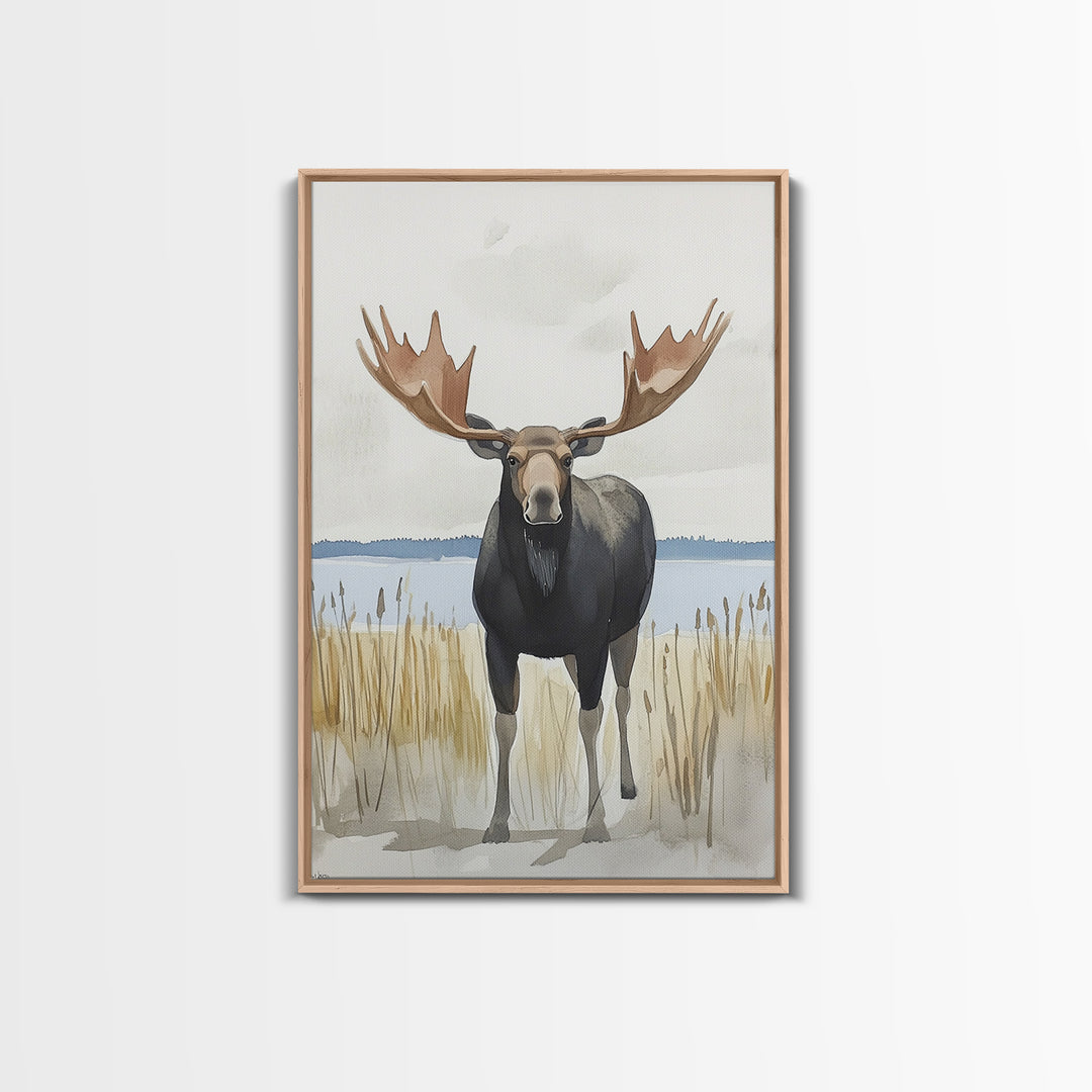 Standing Moose By Quiet Lake Canvas Print, Rustic Wildlife Wall Art For Cabin Decor, Nature Wall Art, And Housewarming Gift