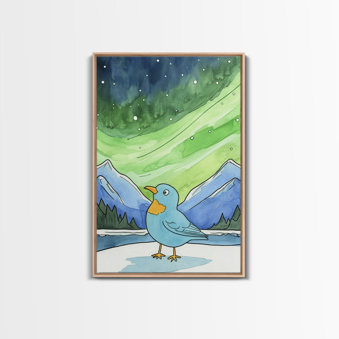 Blue Bird Beneath Green Aurora Canvas Print, Whimsical Animal Wall Art For Nursery Decor, Mountain Art, And Kids Room Decor