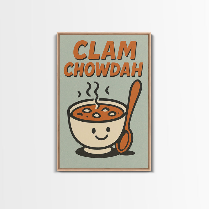 Cute Clam Chowdah Soup Bowl Wall Art, Funny Kitchen Art Print, Retro Food Poster, New England Coastal Home Decor Gift Idea