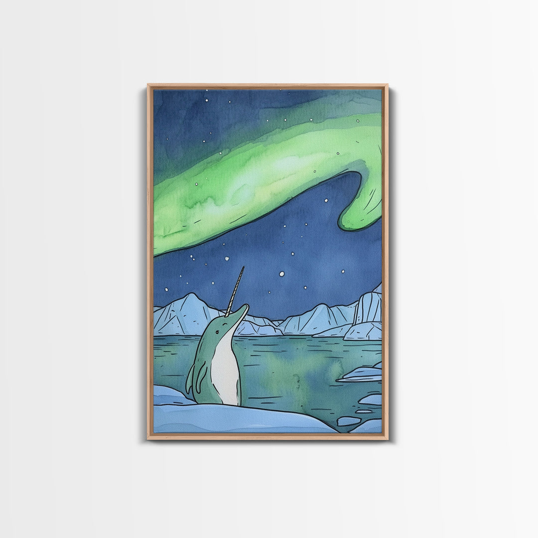 Whimsical Narwhal Under Northern Lights Canvas Print, Arctic Ocean Animal Wall Art, Nursery Decor And Kids Room Gift For Her
