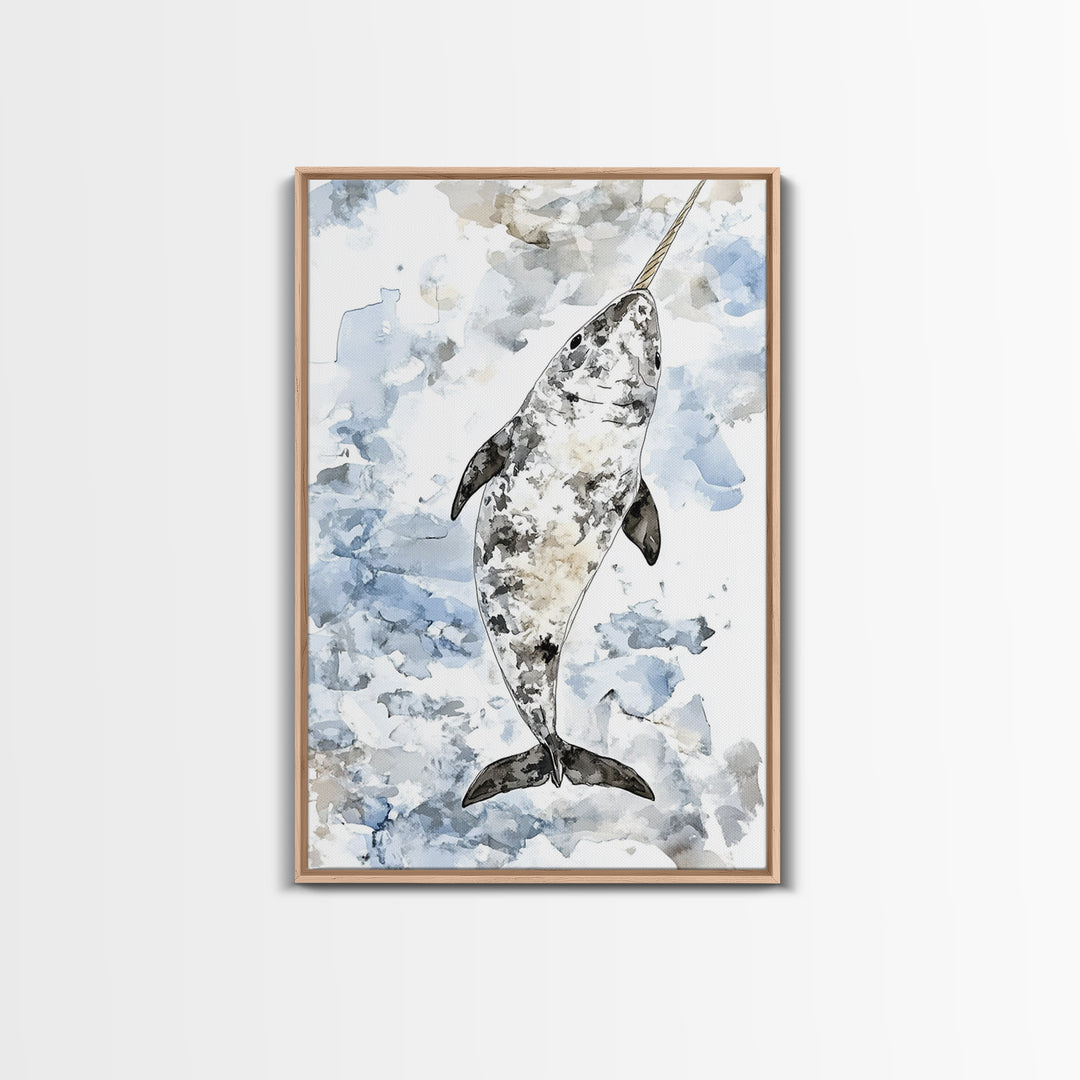 Speckled Narwhal Whale Watercolor Framed Canvas Print, Marine Life Wall Art, Ocean Animal Nursery Decor And Coastal Gift