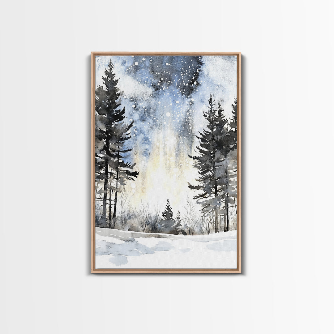 Snowy Night Pine Forest Framed Canvas Print, Winter Landscape Wall Art, Moody Nature Decor For Cabin Living Room Gift Idea