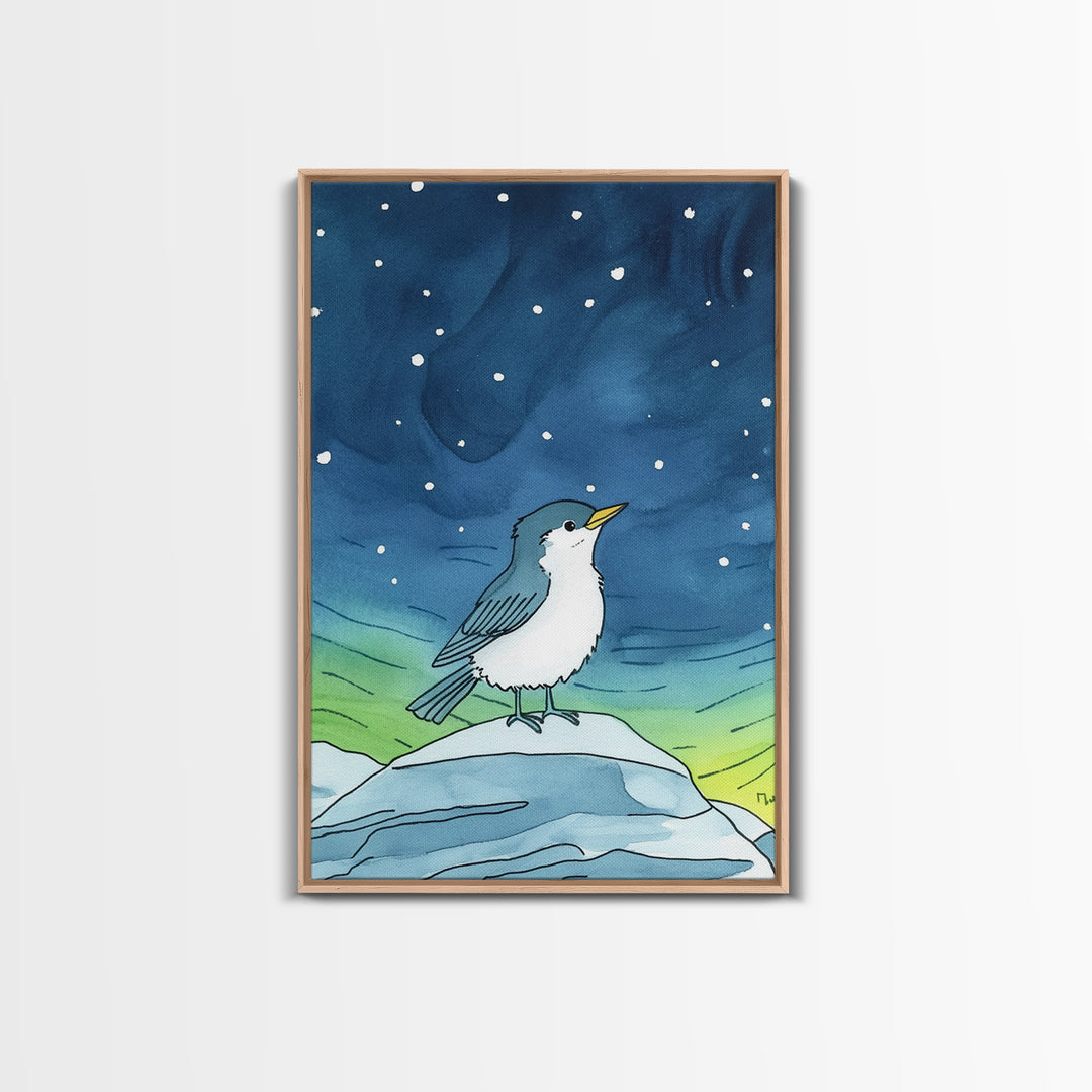 Cute Arctic Bird On Ice Under Aurora Canvas Print, Whimsical Animal Wall Art, Nursery Decor And Kids Room Decor Gift For Bird Lover