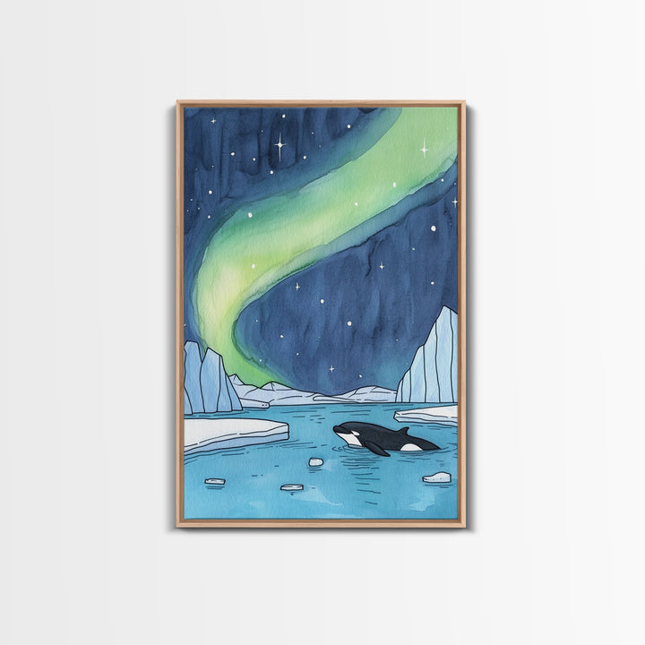 Northern Lights Orca Wall Art, Arctic Ocean Canvas Print, Celestial Coastal Decor, Whale Wildlife Art For Nursery Room Decor