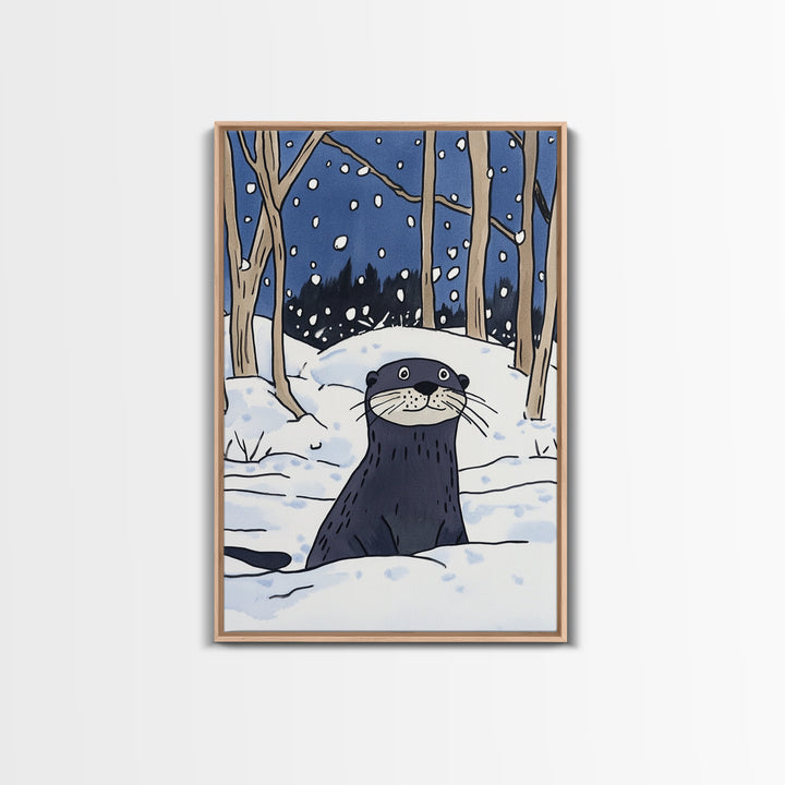 Snowy Forest Otter Wall Art, Winter Animal Print, Whimsical Wildlife Decor, Woodland Nursery Art And Cozy Cabin Decor Gift