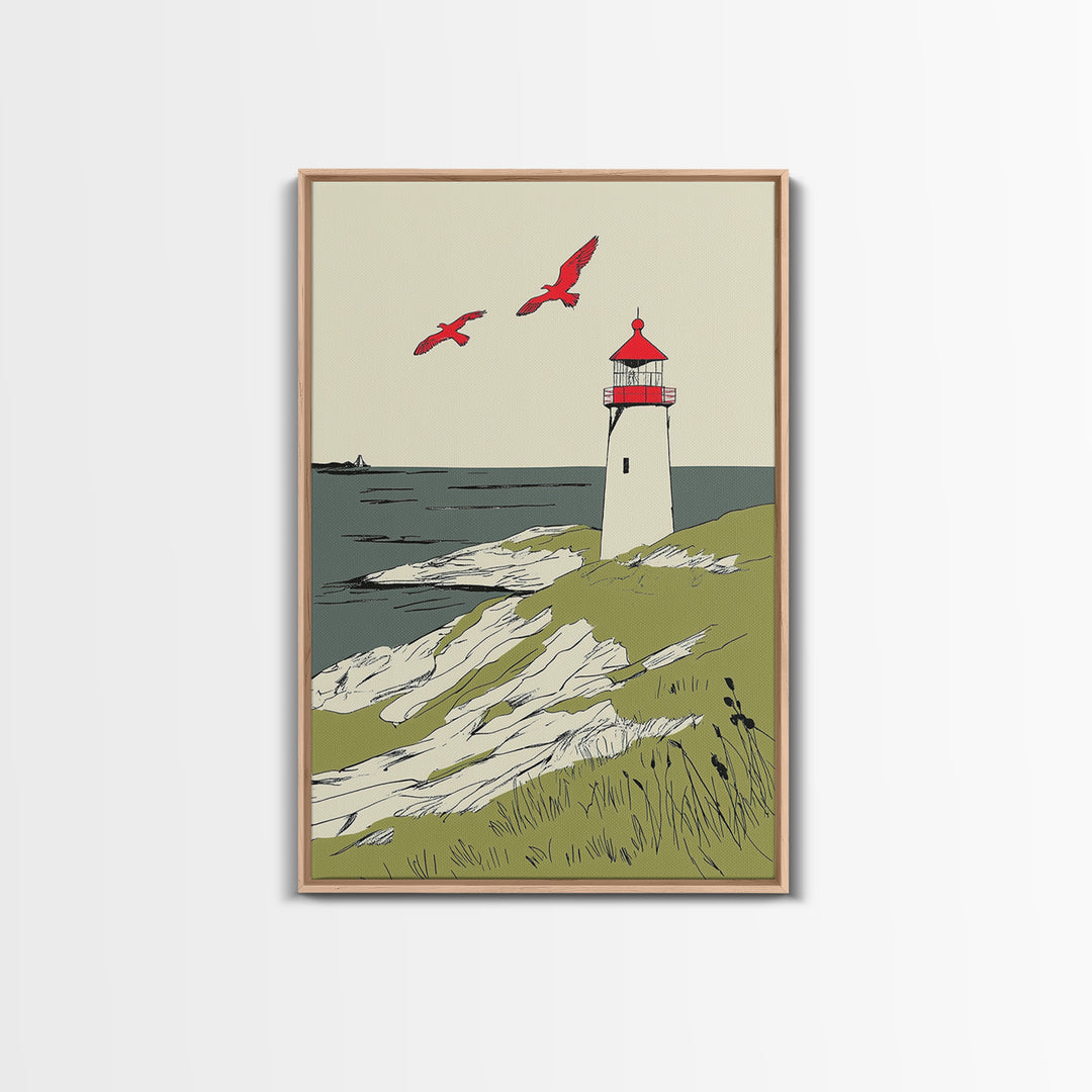Coastal Lighthouse With Red Birds Wall Art, Nautical Print, Beach House Decor, Seaside Landscape Art And Ocean Wall Decor