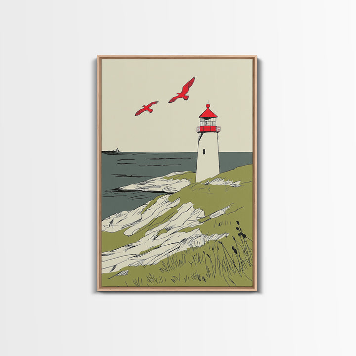 Coastal Lighthouse With Red Birds Wall Art, Nautical Print, Beach House Decor, Seaside Landscape Art And Ocean Wall Decor
