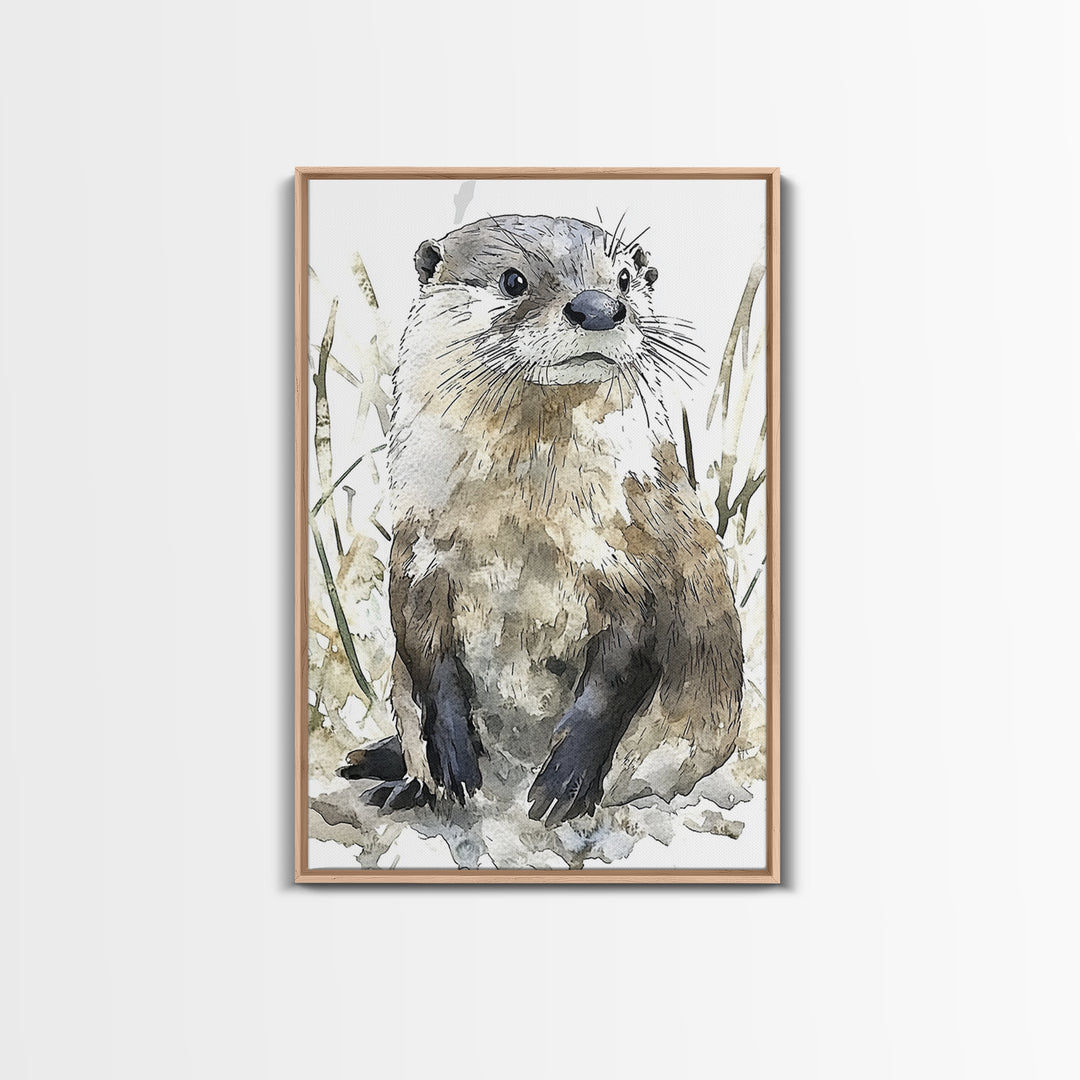 Neutral Watercolor Otter Framed Canvas Print, Wildlife Wall Art, Woodland Animal Decor, Nature Art Print And Housewarming Gift