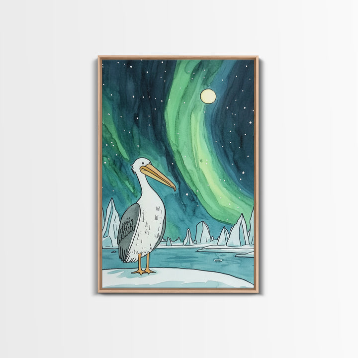 Pelican Under Green Aurora Canvas Print, Northern Lights Wall Art, Arctic Coastal Decor, Bird Lover Gift And Nursery Art