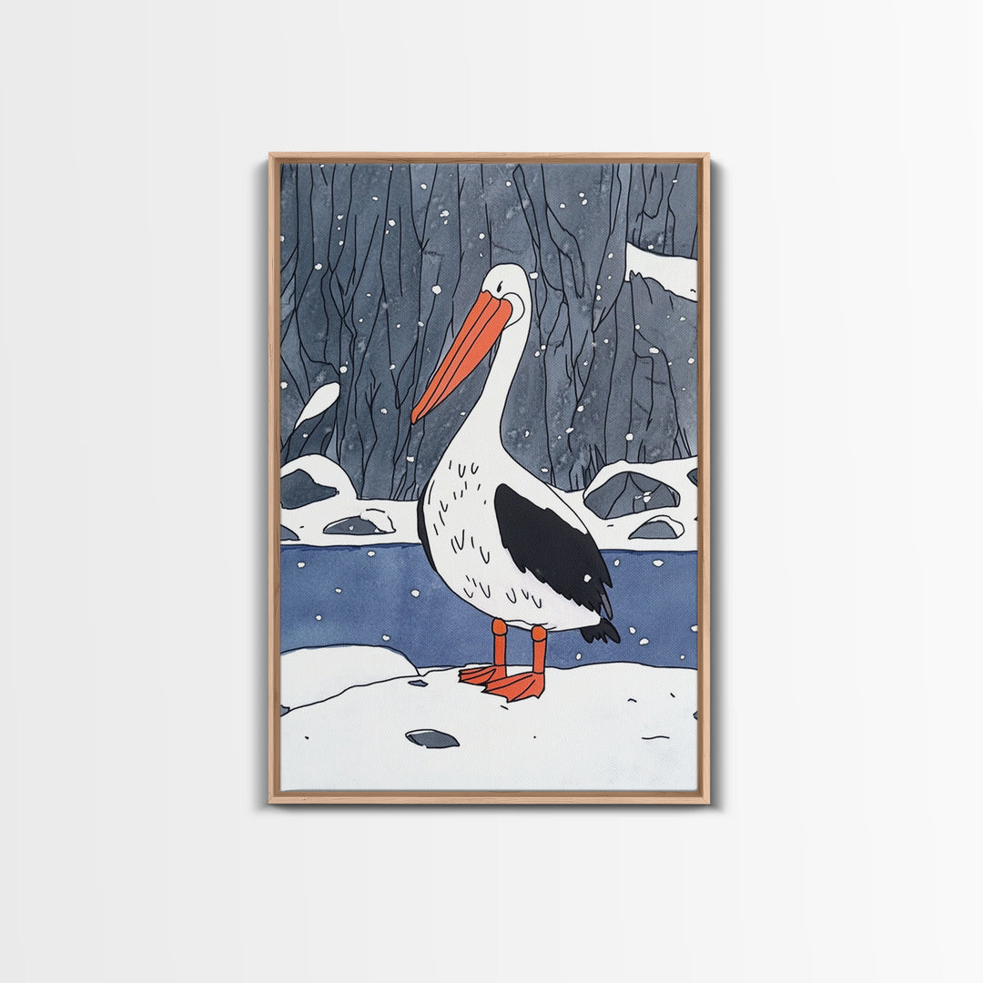 Snowy Pelican In Winter Woods Wall Art, Whimsical Bird Print, Wildlife Decor, Kids Room Art And Cozy Cabin Wall Decor Gift