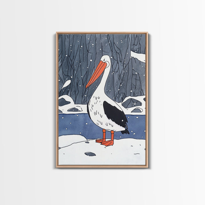 Snowy Pelican In Winter Woods Wall Art, Whimsical Bird Print, Wildlife Decor, Kids Room Art And Cozy Cabin Wall Decor Gift