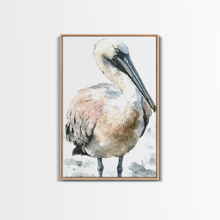 Soft Watercolor Pelican Framed Canvas Print, Coastal Bird Wall Art, Nautical Decor, Ocean Animal Print And Beach House Gift