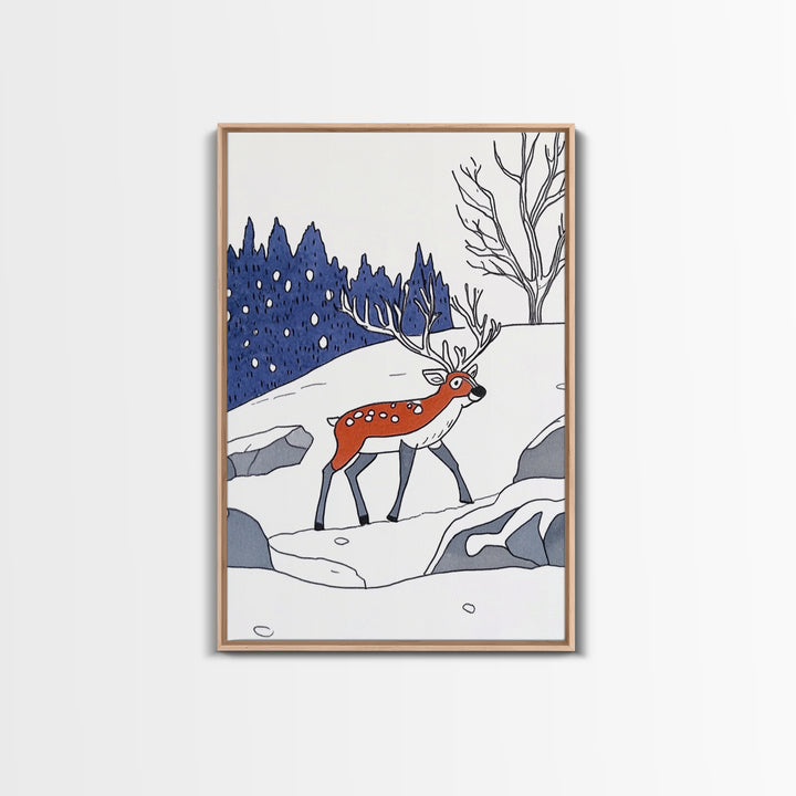 Red Reindeer In Snowy Forest Wall Art, Whimsical Winter Nursery Print, Woodland Animal Decor, Christmas Gift For Kids Room Decor