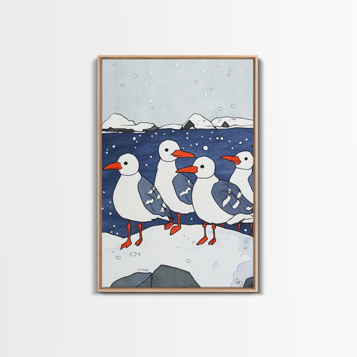 Arctic Seabirds On Snowy Shore Wall Art, Coastal Bird Print, Ocean Nursery Decor, Winter Wildlife Canvas Print Gift For Kids Room