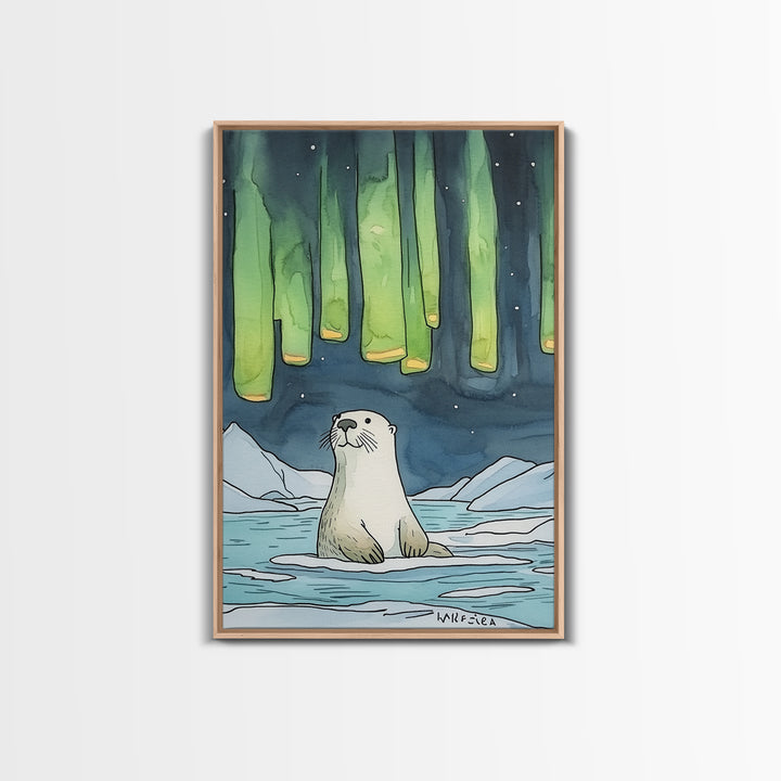 Whimsical Otter Under Northern Lights Wall Art, Arctic Animal Print, Kids Room Decor, Nursery Art, Coastal Nature Decor Gift