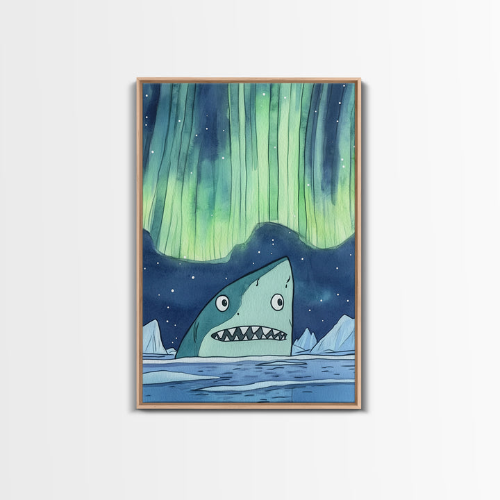 Whimsical Shark Under Northern Lights Wall Art, Arctic Ocean Print, Kids Room Decor, Nautical Nursery Art, Fun Coastal Decor